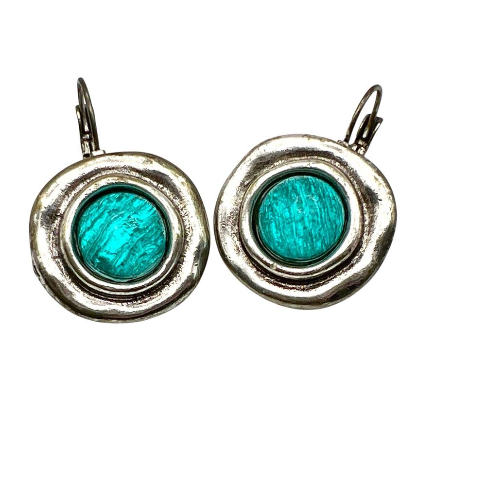 Artisan Pierced Earrings Silver Tone Teal Blue Resin Foil Shimmer Cabochon Round